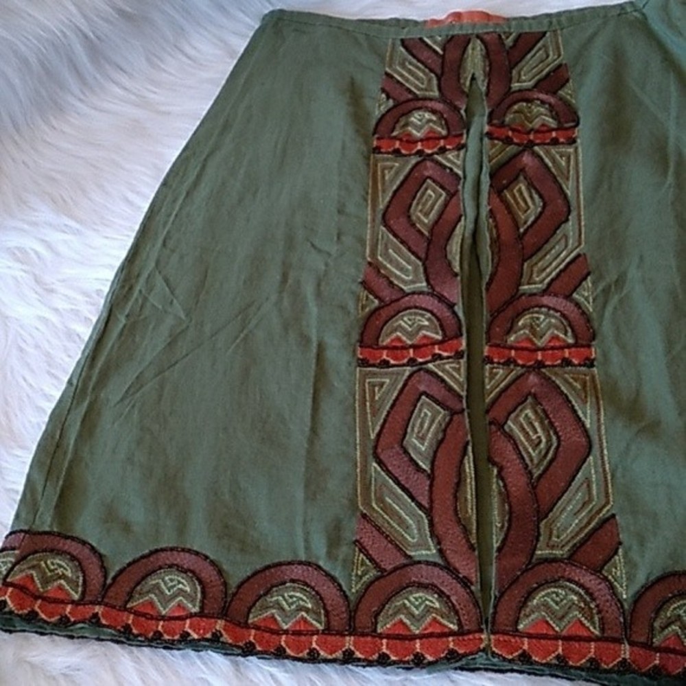 NWT BOHO EMBELLISHED LINEN SKIRT BEADED EMBROIDERY KNEE LENGHT WOMENS MEDIUM